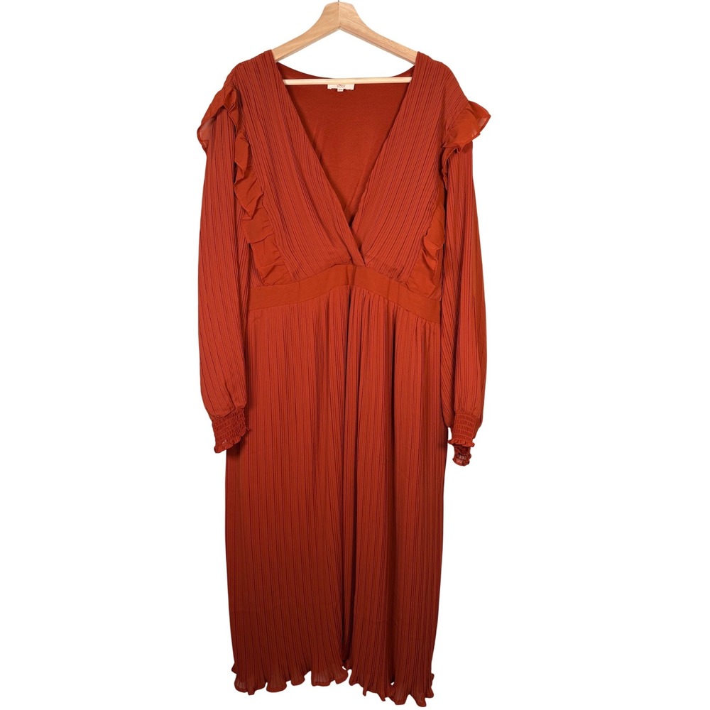 Girl Soul Rust‎ Orange Pleated Ruffle V Neck Long Sleeve Maxi Dress Plus Size 3X